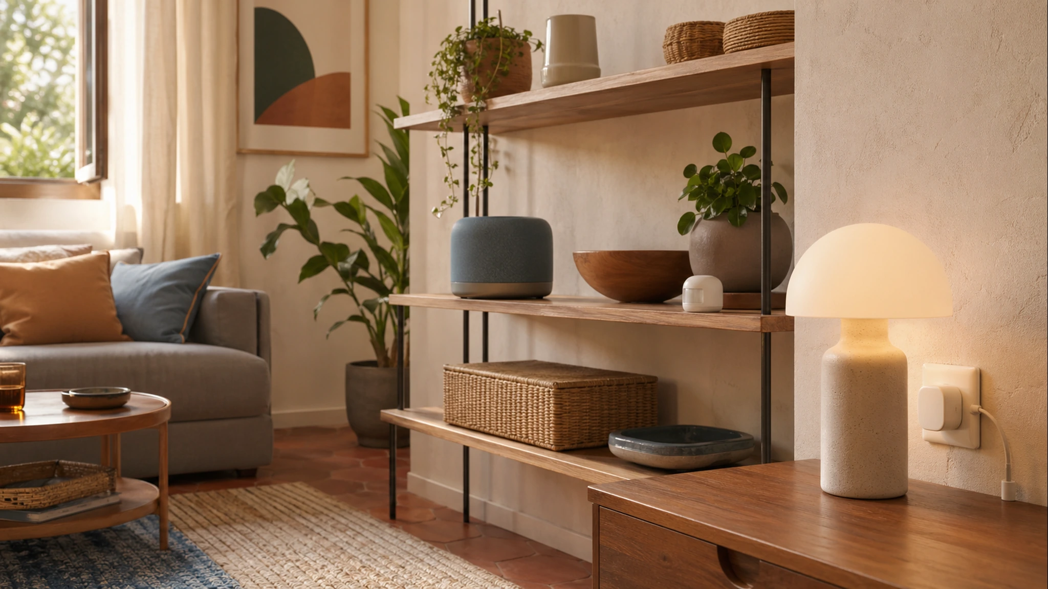 A modest apartment setup with a few simple smart-home devices.