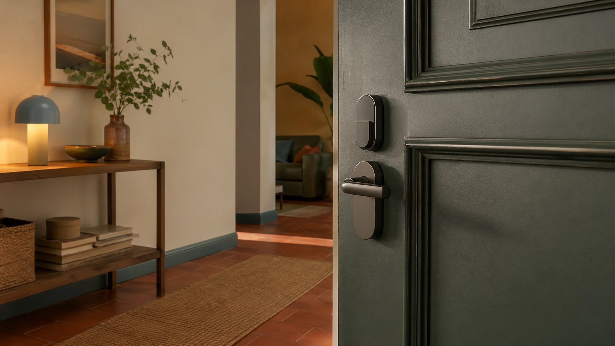 A warm apartment entry door with a generic smart lock.