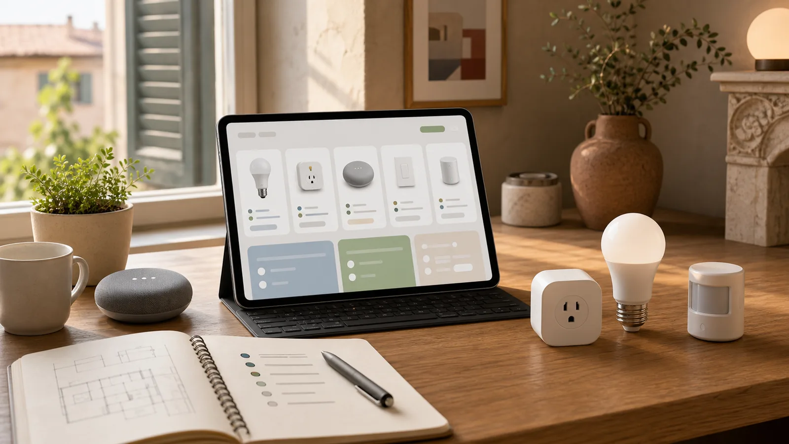 A warm Italian apartment desk with generic smart-home devices and an abstract shopping dashboard on a tablet.