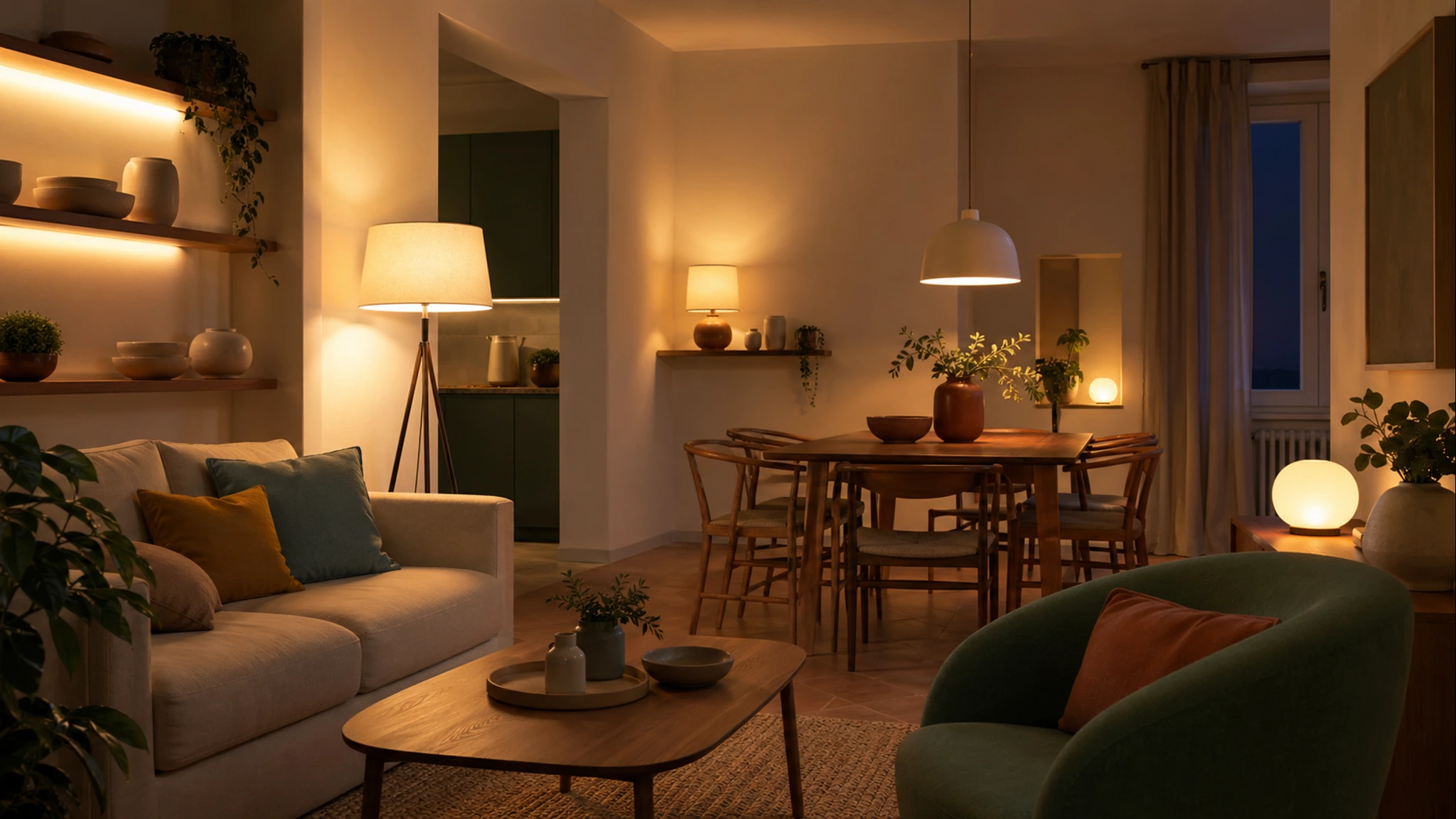 A warm living room with layered smart lighting.