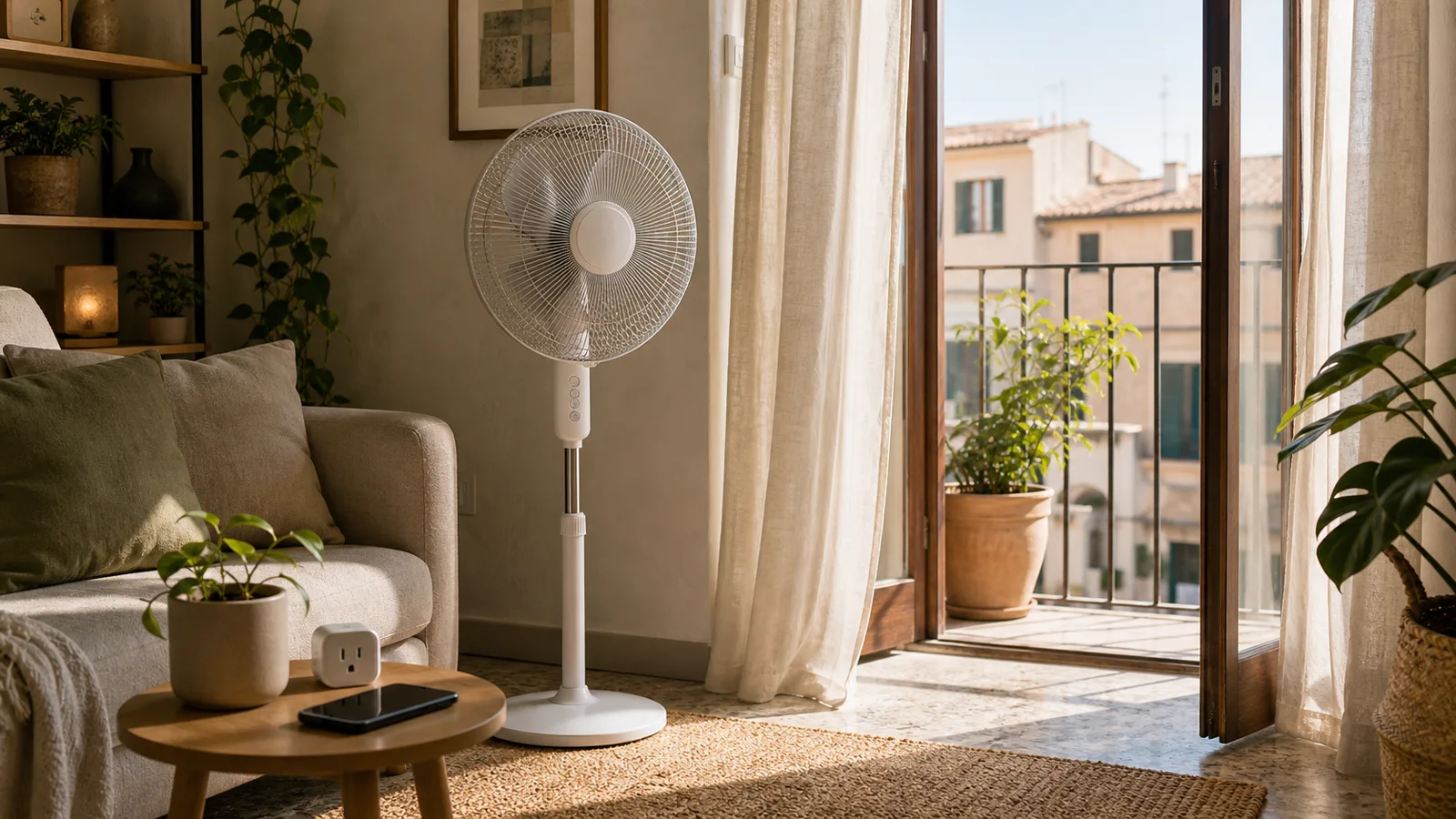 A warm Italian apartment living room with a quiet fan near an open balcony door.