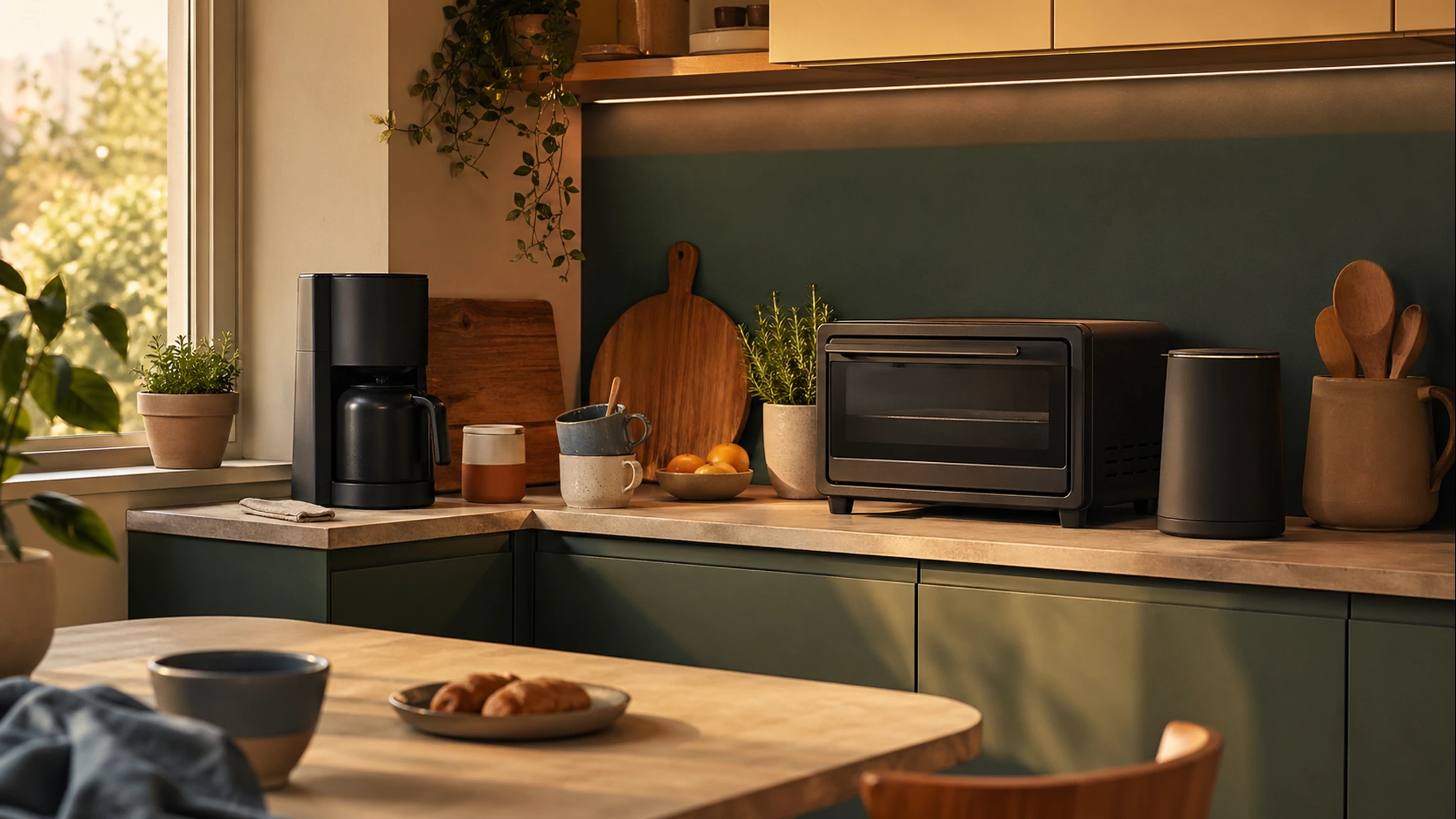 A compact kitchen counter with generic smart kitchen appliances.